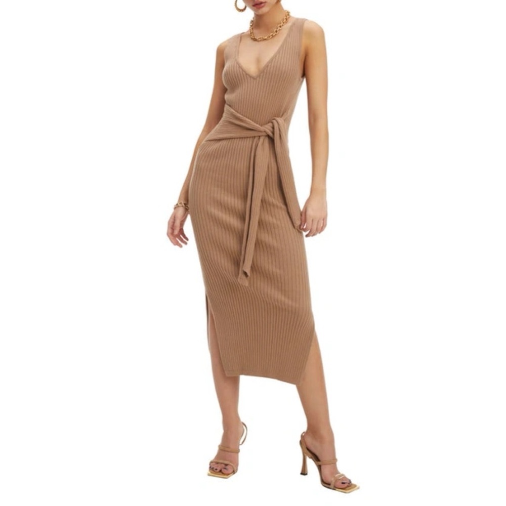 Good American Rib Knit Tie Waist Midi Dress Taupe 001 Minimal Fall Winter